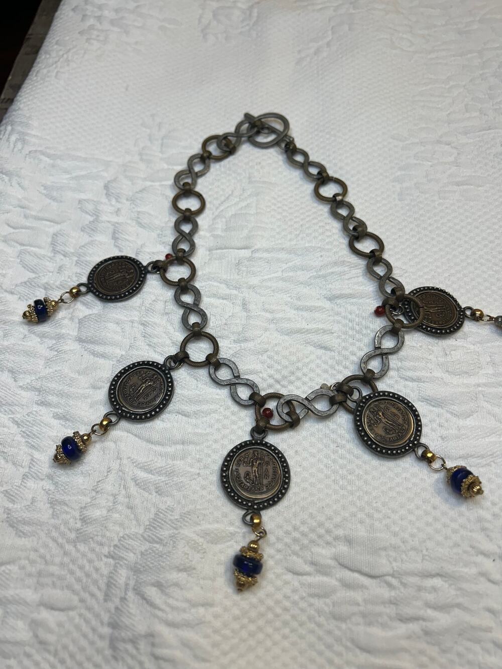 Infinity Loop Chunky Link Chain with Medallions & Blue Beads